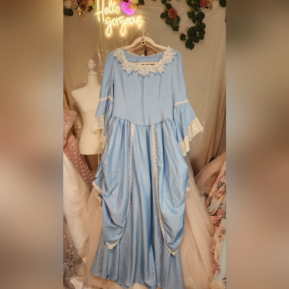 Unbranded Size S Blue Bridgerton Vibes Renaissance Bell Sleeves Gown Lace Trim - Picture 6 of 11